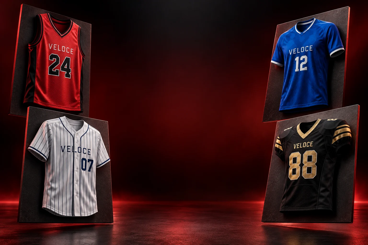 Generated Veloce design concepts: basketball, baseball, soccer, and football uniforms